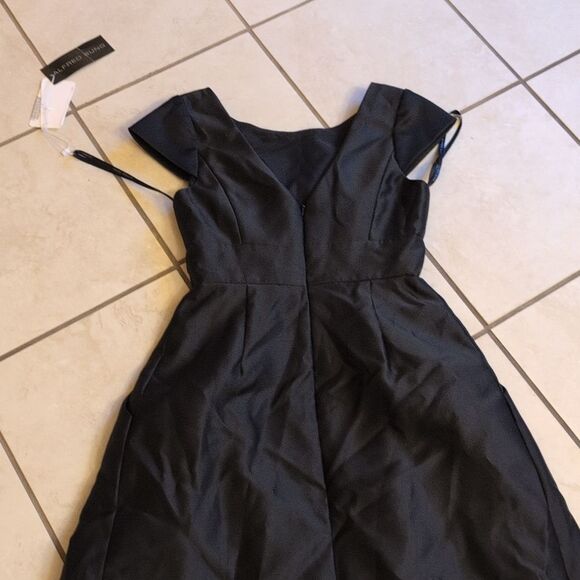 NWT Alfred Sung Cap Sleeve Pleated Skirt Dress Pockets Black Maxi Dress Size 2 - Picture 4 of 13